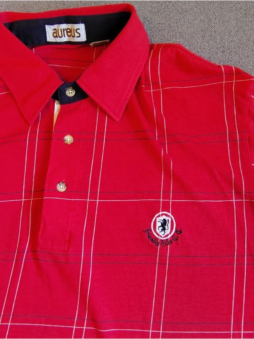 Vtg Aureus Friendly Hills Golf Course Polo Shirt Men XL Red Check Plaid Japan